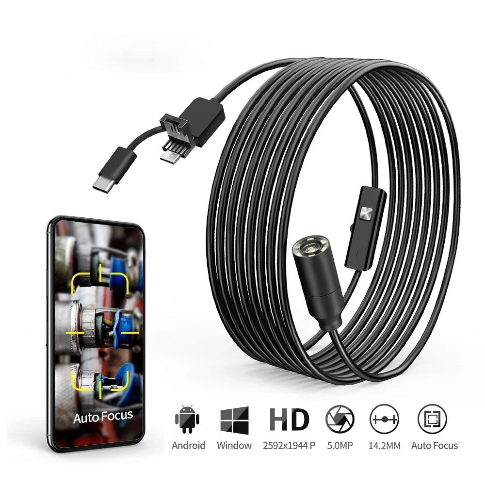 

14.2mm Auto Focus Endoscope Camera 5.0MP IP68 Waterproof Lens HD1944P 3 IN 1 For Type-C/Android/PC Borescope Check Car