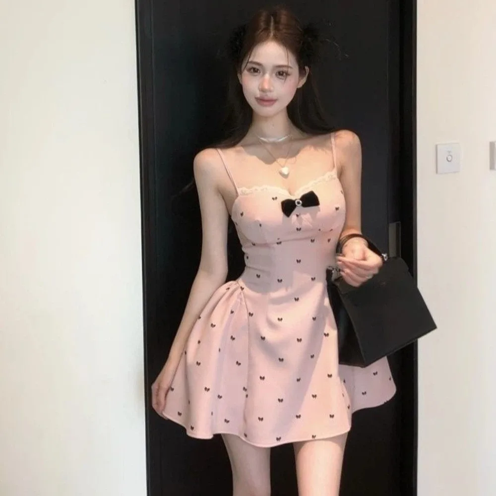 

Short Slim Fit Halter Dress Pink Elegant Lace Dress Sweet Puffy Bow Skirt Streetwear