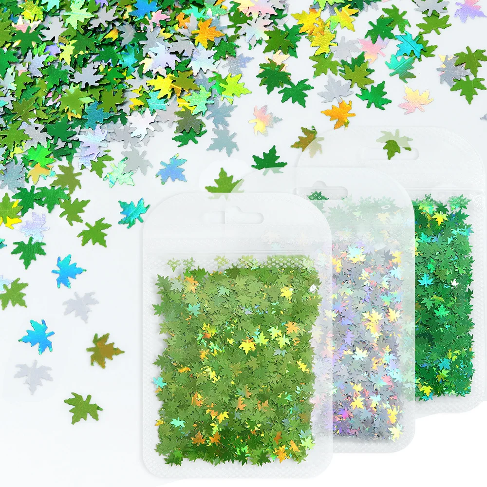 2G バッグ入りグリッター 流れるようなフィリング素材 秋のレーザーメープルリーフネイルグリッター クリスマス感謝祭リーフネイルアクセサリー