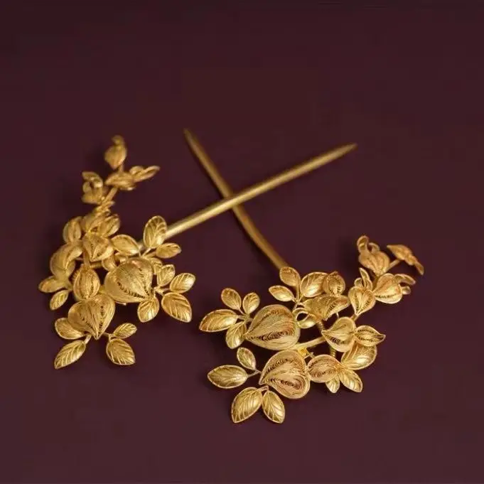 Pure Copper Gold Plated Ancient Method Golden Filigree Hair Hairpin Female Retro Style Wedding Wind Mask Blossom Leaves