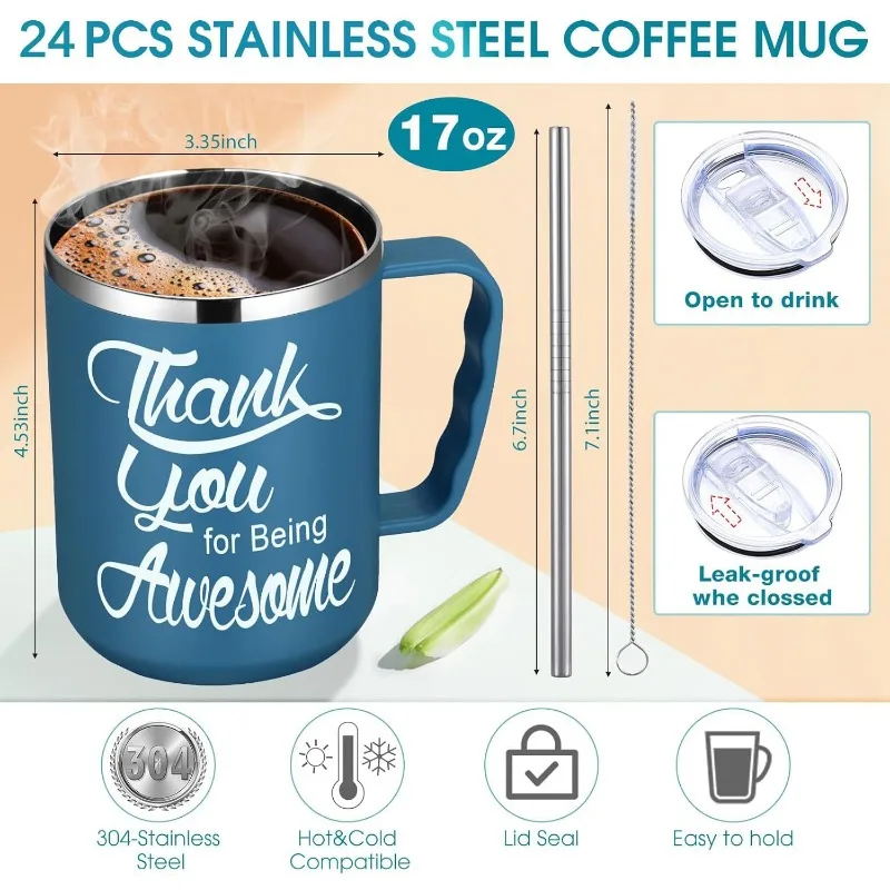 24 Pcs Employee Appreciation Coffee Mug Gift Bulk Christmas Thank You 17oz Drinking Cup Stainless Steel Insulated Travel