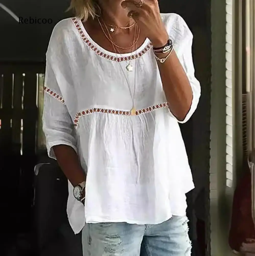 Hollow Lace Trim Loose Blouse For Women Round Neck Three Quarter Sleeve For Comfort Daily Outfits And Multiple Styling Options