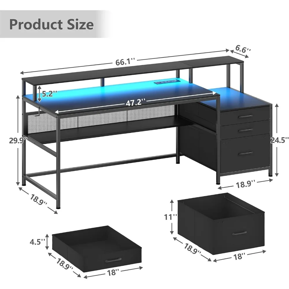 66" Computer Desk with LED Lights & Power Outlets, Home Office Desk with 3 Drawers & Storage Shelf, Gaming Desk