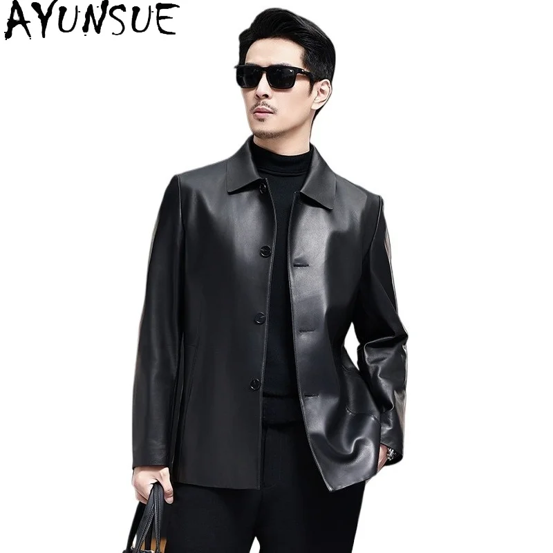 

AYUNSUE Genuine Sheepskin Leather Jacket Men 2026 Mid-length Turn Collar Casual Autumn Spring Real Leather Coat Male Outerwear