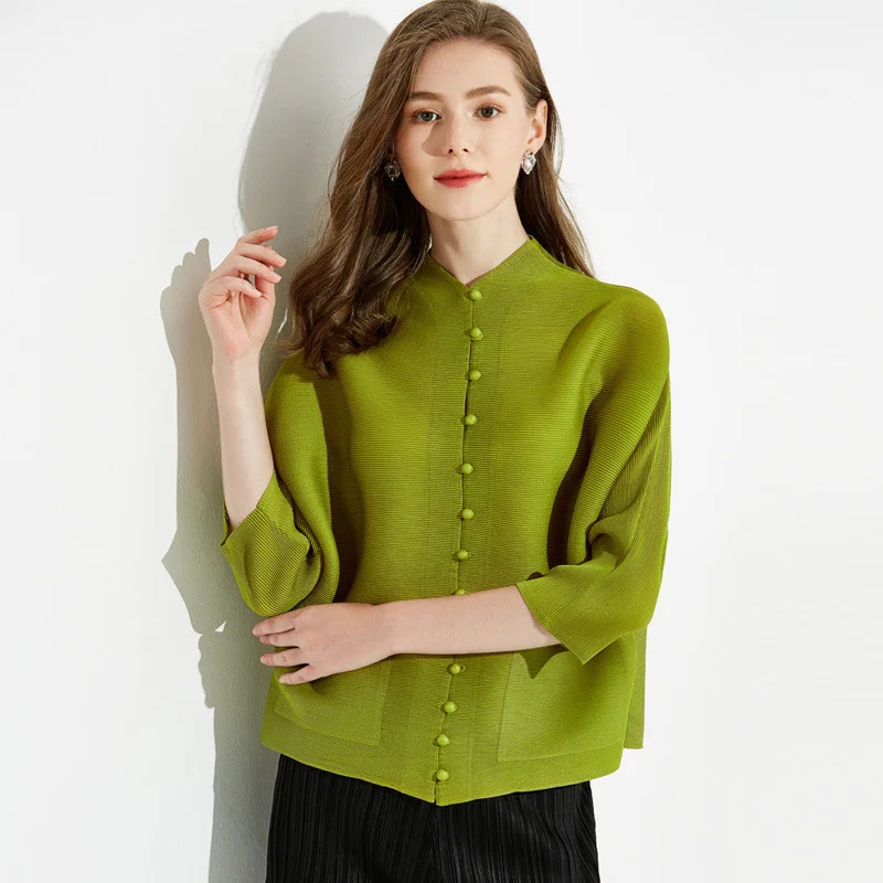 Spring Autumn Women Simple Solid Short Miyake Jacket Temperament OL Female Versatile Cardigan Coat Casual Bat Sleeve Shirts Tops
