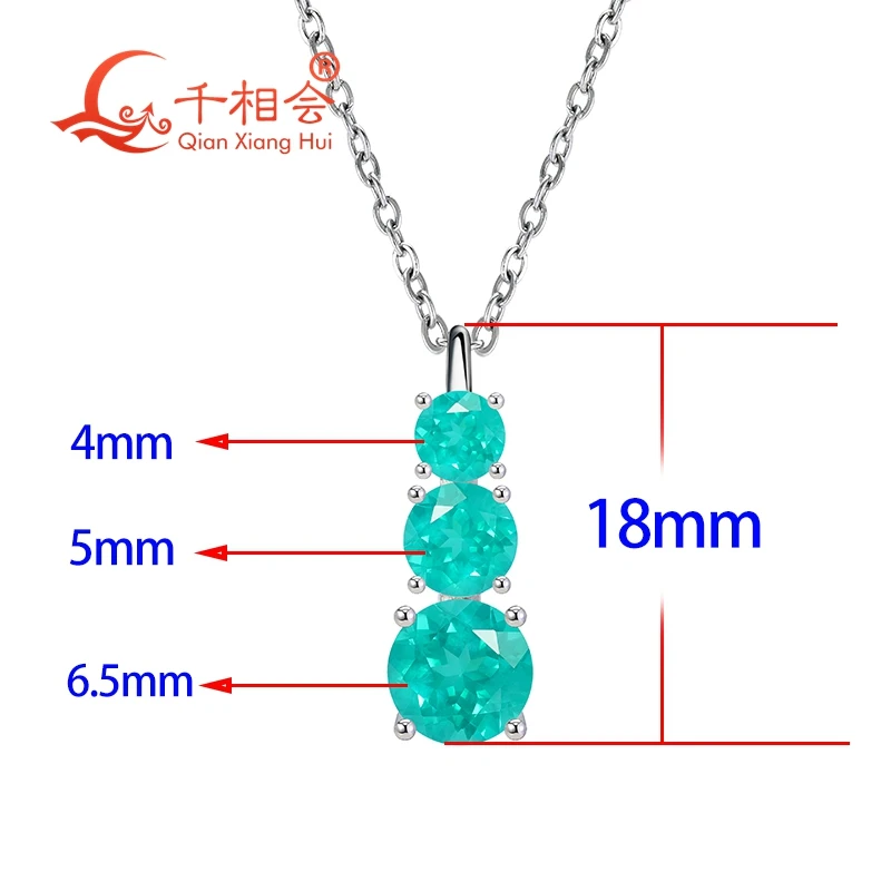Lab Grown YAG Paraiba Neon Blue/Greenish Tourmaline Pendant Necklace, 3-Stone Round Cut, 925 Silver  Pendant, Fine Jewelry