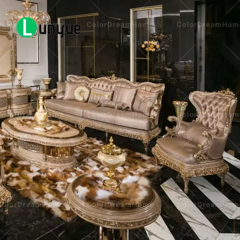 European Classic Turkish Style Luxury Wooden Sofa Set with TV Stand and Coffee Table for Living Room Furniture Home Decor