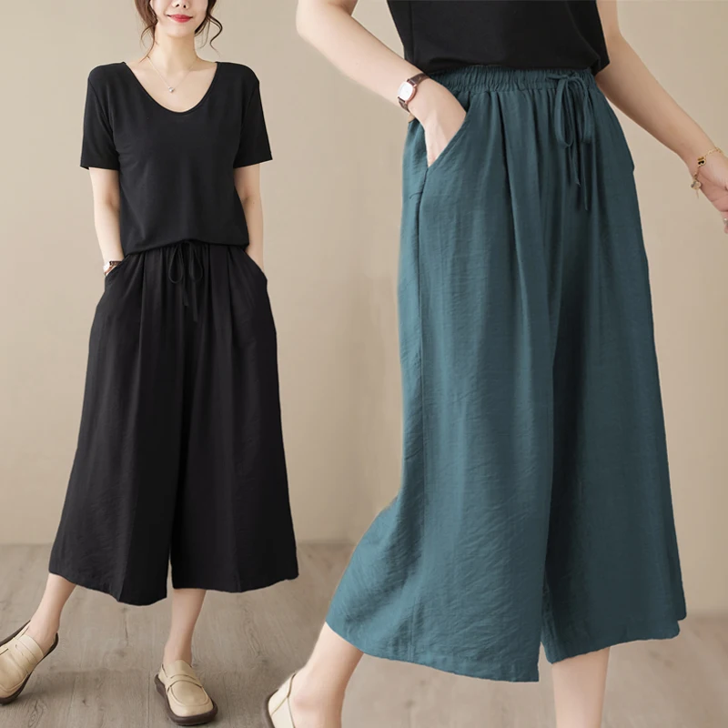 Losse wijde pijpen zeven voet katoen linnen plus size casual broek dames kleur string afslanken hoge taille woon-werkverkeer Sle
