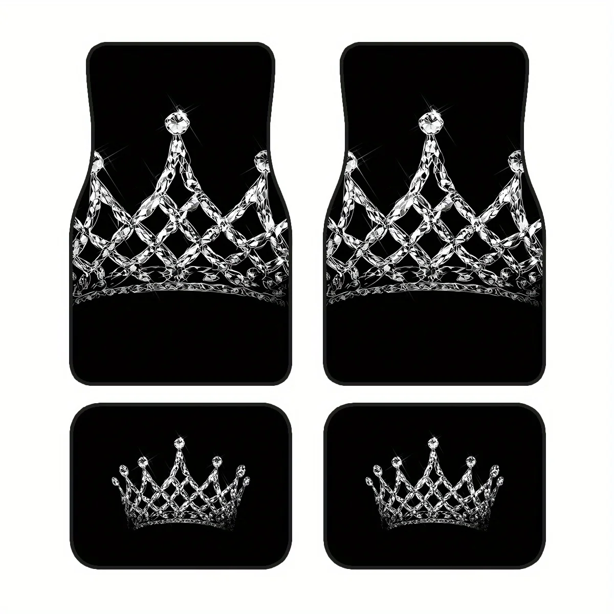 4pcs Car Floor Mats- Silvery Crown Diamond Pattern, Suitable For Cars, Trucks, And SUVs, Easy-to-Clean Interior Accessories