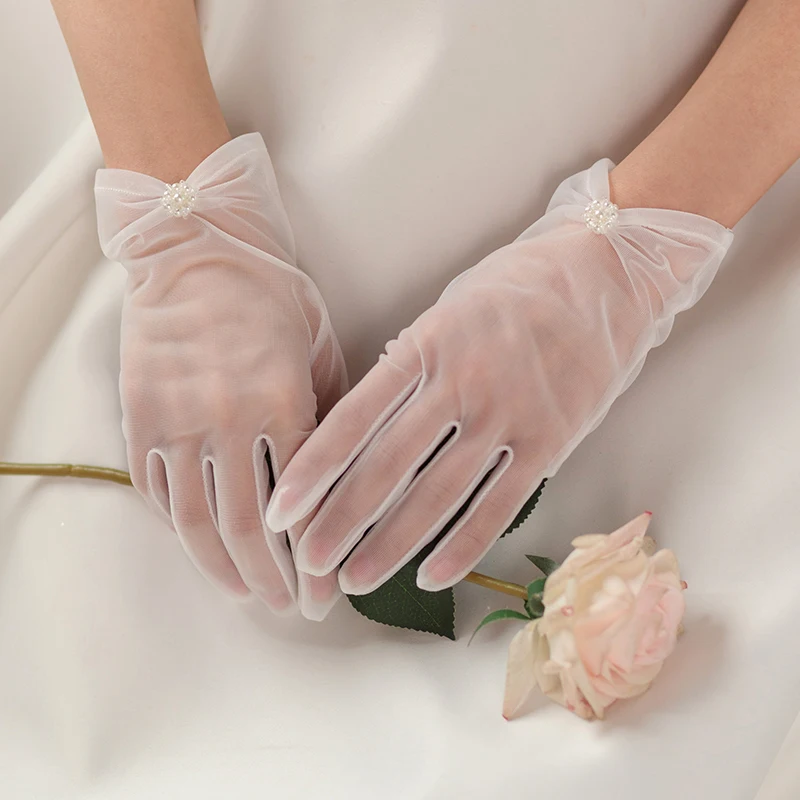 WG083-Gants de Patients de Mariage Frais, en Tulle Doux, Petites Fleurs de Perles, Blancs, Courtes Mariées, Handschuh, Pageant, Bal de Promo