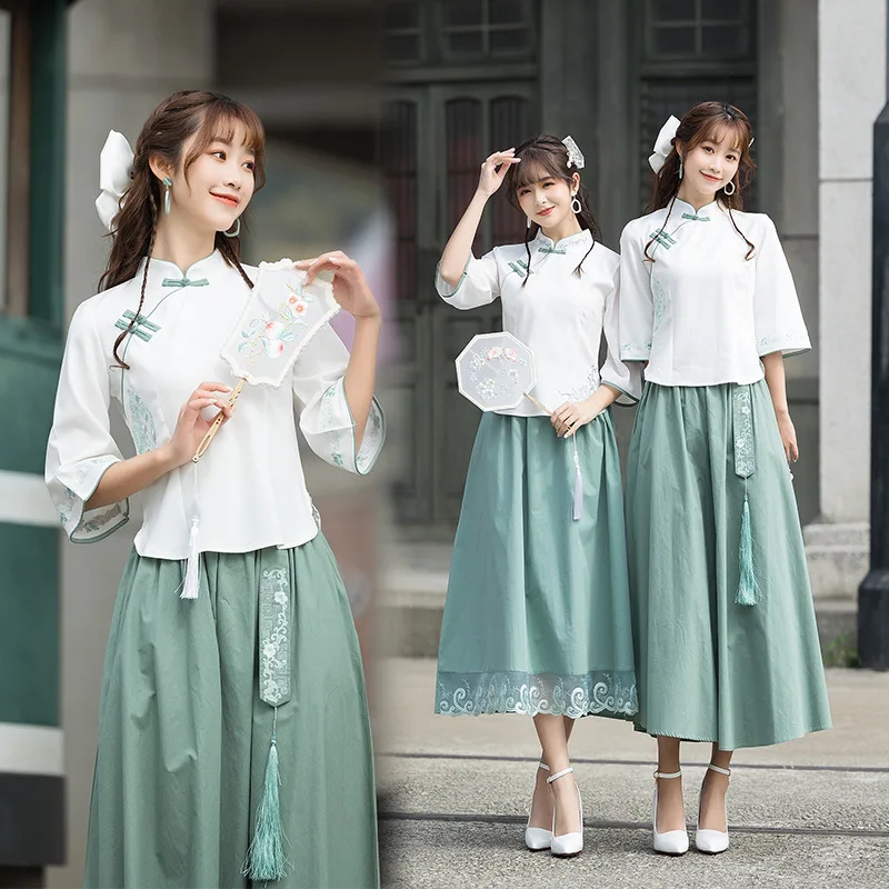 2PCS New Chinese Traditional Hanfu Dress For Women Cotton Linen Dresses Cosplay Costumes Fairy Dress Casual Embroider Clothing