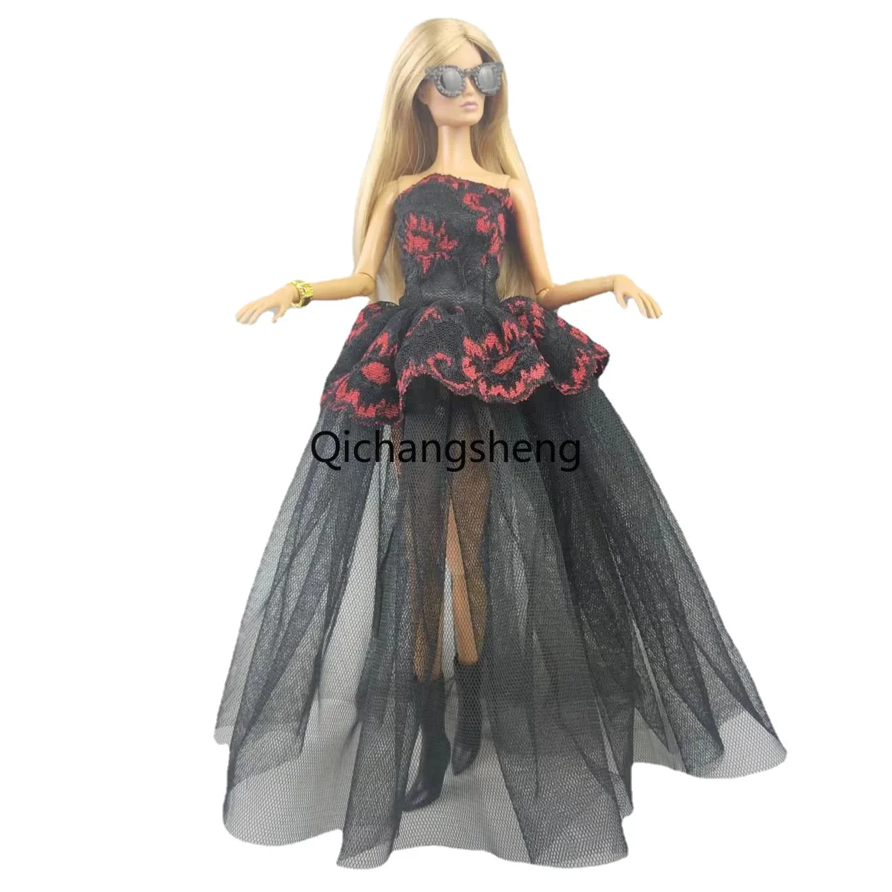 1/6 BJD Red Black Floral Lace Princess Dress for Barbie Doll Clothes Wedding Gown Women Club Party Dresses 11.5