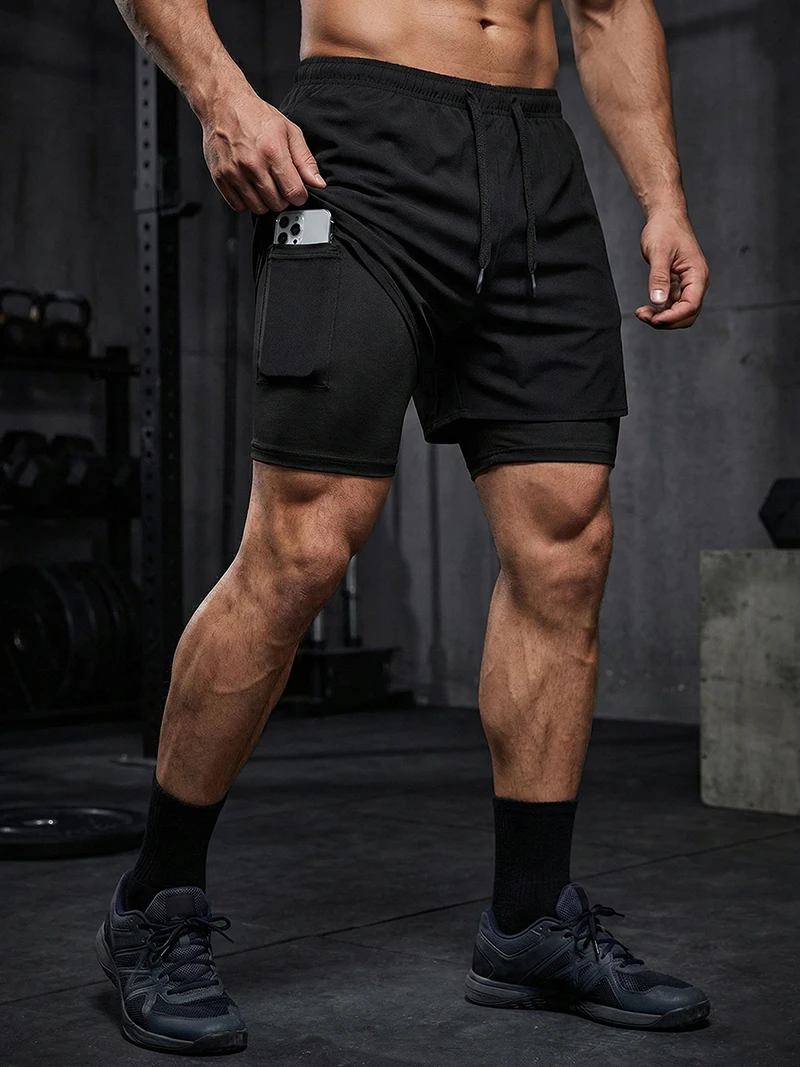 Men's Sports 2-in-1 Running Training Pants Phone Pocket Towel Pocket Gyms Fitness Quick-drying Elastic Shorts High-performance