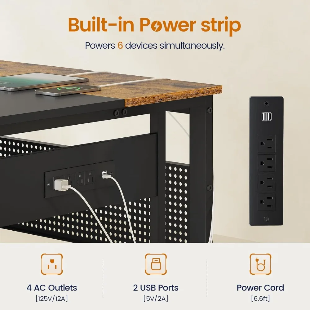 71 in Executive Desk with Power Outlets, Reversible L Shaped Desk with File Drawers & Storage Shelves, Large Office Desk Compute image 4