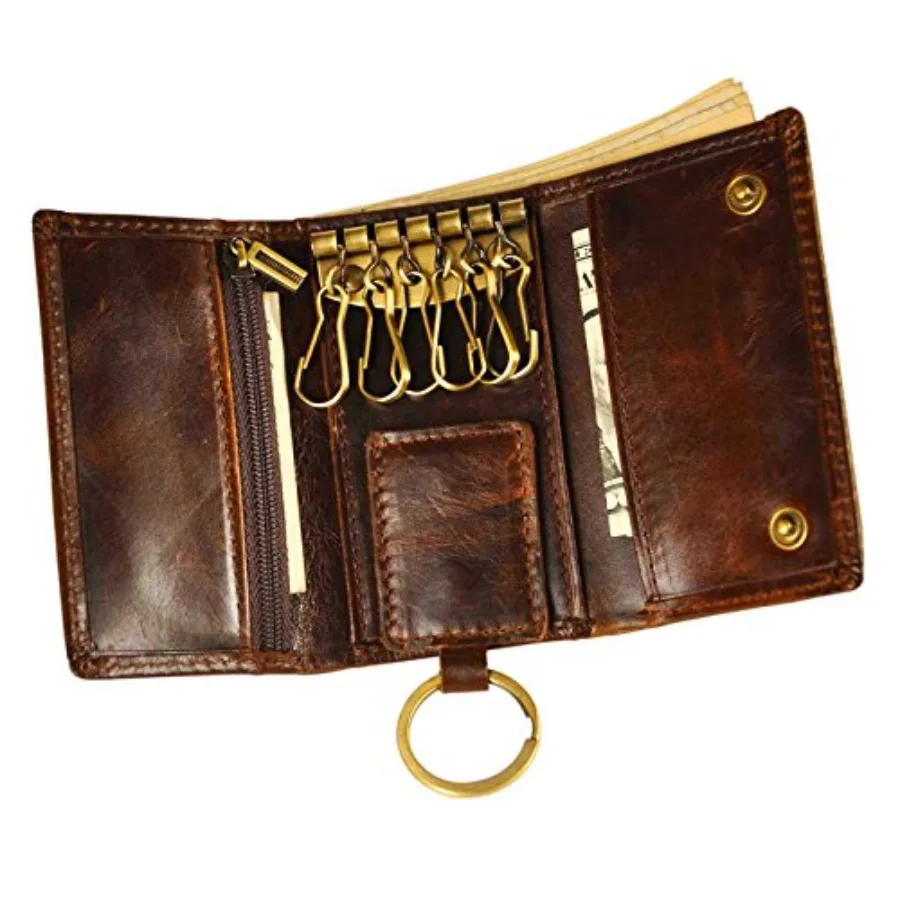 

Mens Genuine Leather Car Key Case Loop Hook Coin Case Cover Wallet Snap