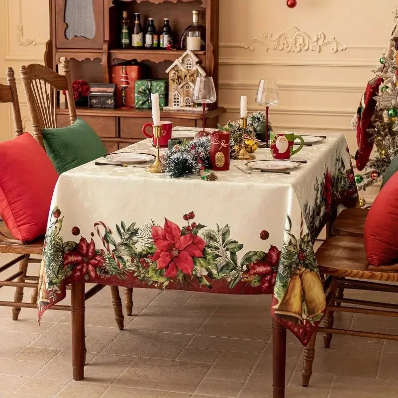 Christmas Rectangle Tablecloth, Poinsettia Design Tablecloth For New Year Party And Dinner Christmas Table Decor Tablecloth