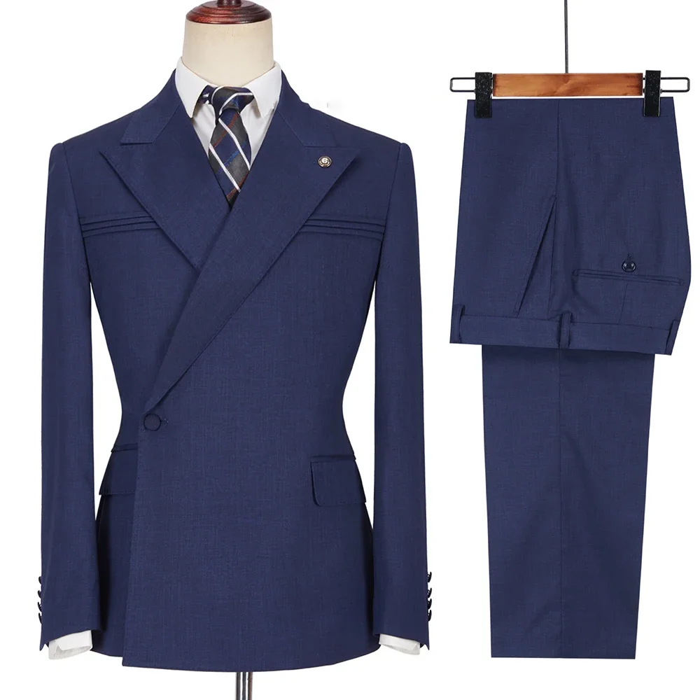 Solid Men Suits Navy Blue Formal Peak Lapel One Button Blazer with Pants Chic Smart Casual Groom Wedding Tuxedo 2 Piece