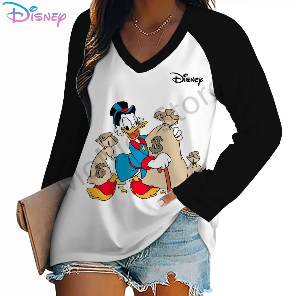 Disney Donald Duck Autumn Women\'s Long Sleeve T-Shirt Ladies Fashion High Quality S-3XL 2024 New V Neck Lovely Leisure Kawaii