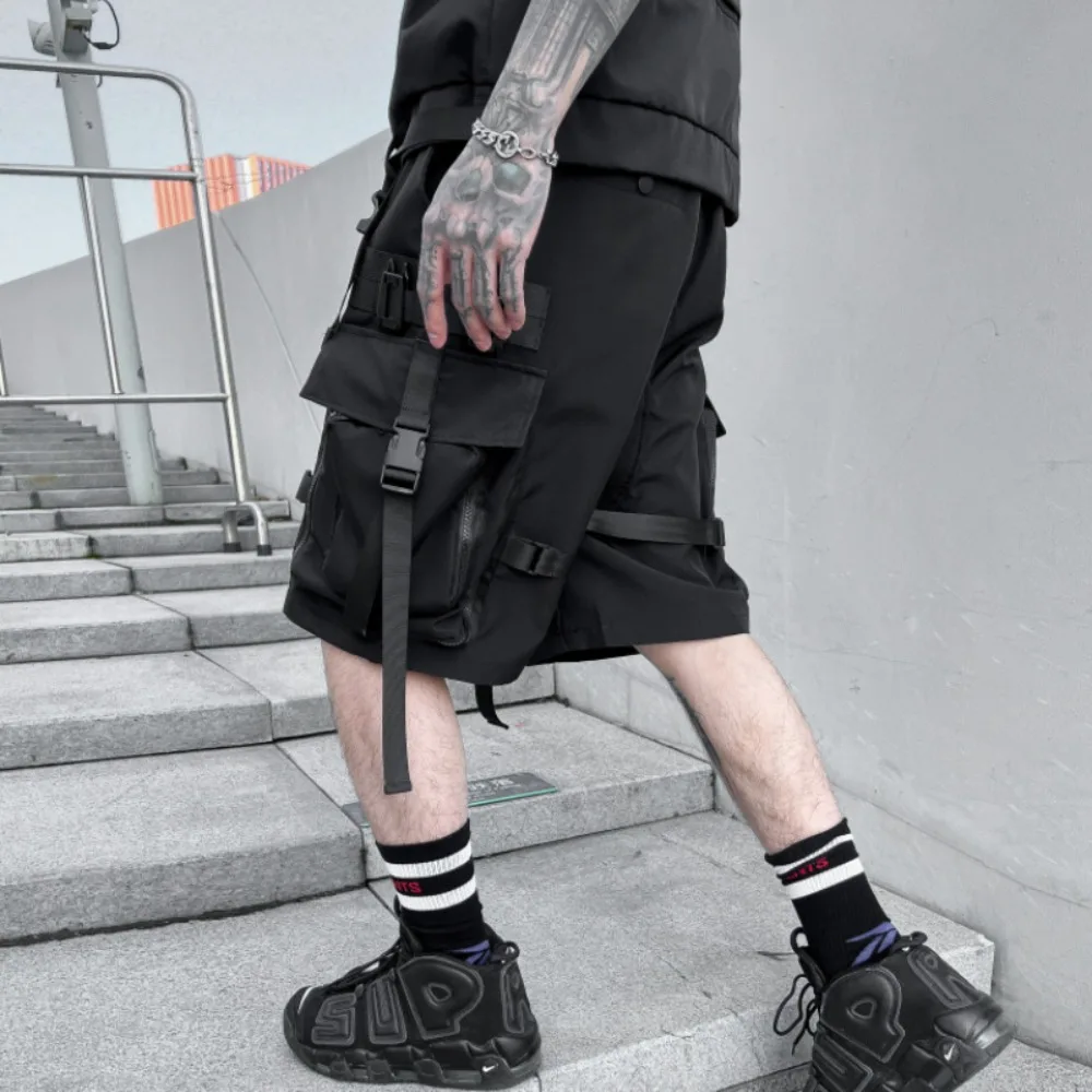Summer Functional Workwear Shorts Men's Loose Straight Leg Five Quarter Pants with Multiple Pockets Trendy Streetwear Pants