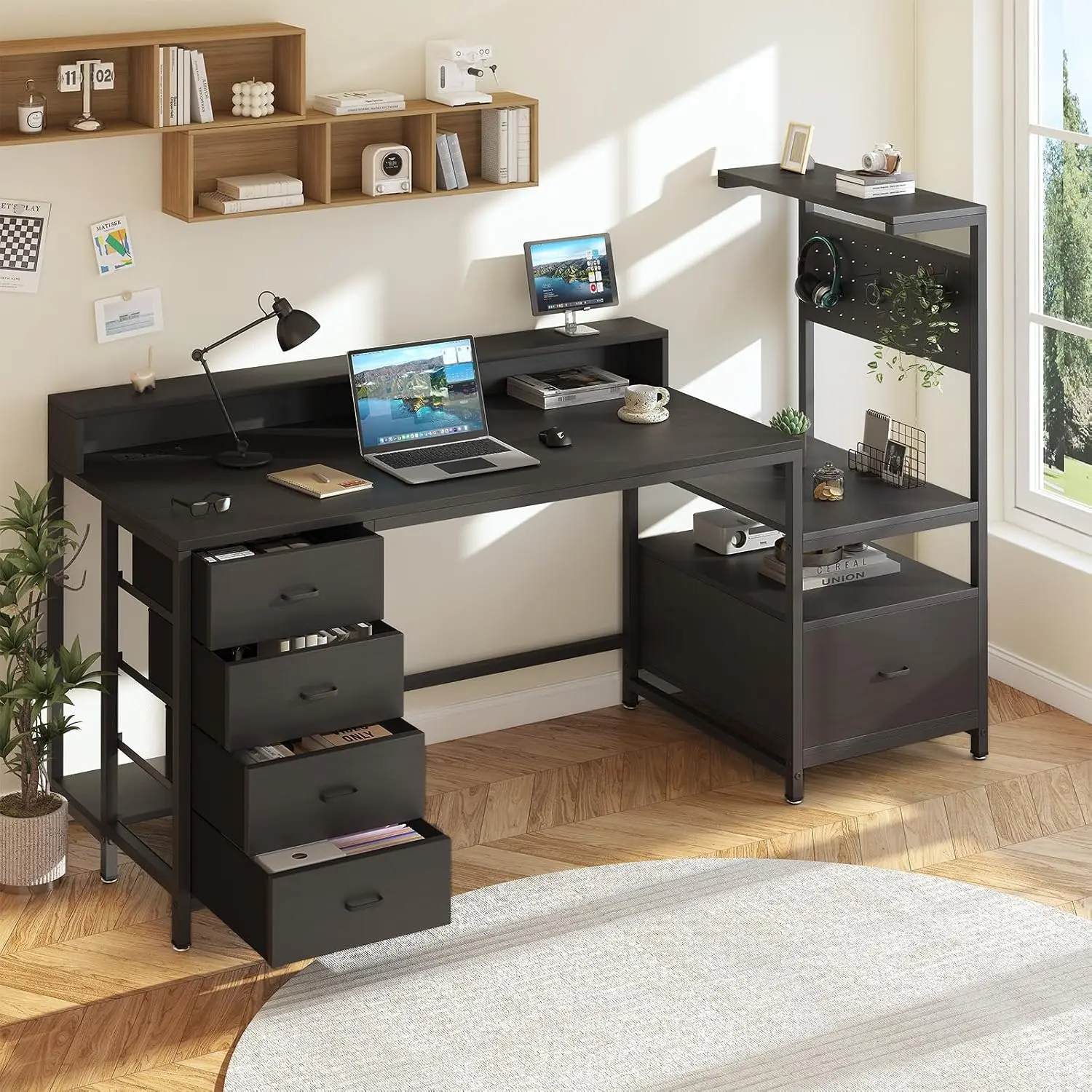 Corner Gaming Desk with Storage Drawers, Shelves, Charging Station & Pegboard for Home Office, Custom