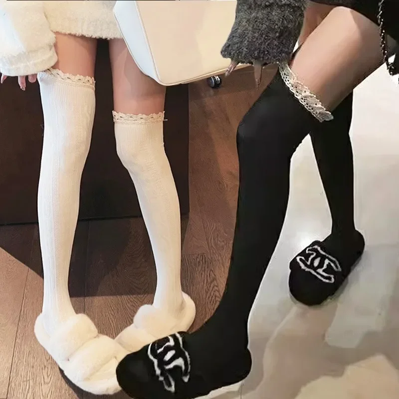 Academic Style Sexy Vintage Lace Long Knee Socks Premium Feel Light Luxury Warm Black White Grey Over Knee Thigh High Stockings