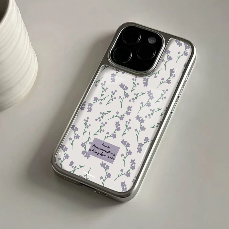 Ins Exquisite lila Blumendrucke Hydrogel-Rückplatte Silberrand stoßfeste Handyhülle für iPhone 17 16 15 14 Pro Max