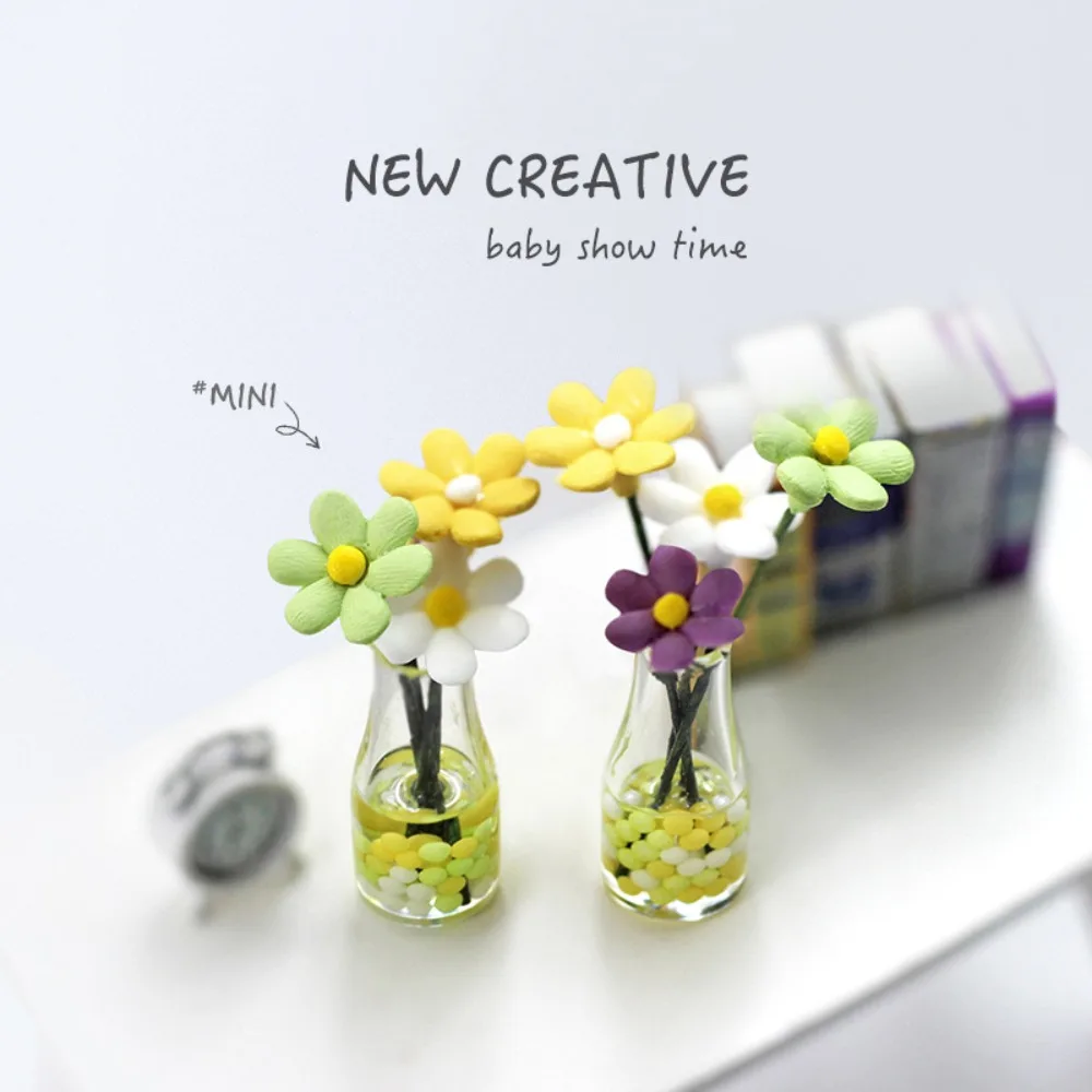 New 1/12 Mini Flower Vase Daisy Miniature Doll House Decoration Flower Arrangement Dollhouse Accessories Doll House