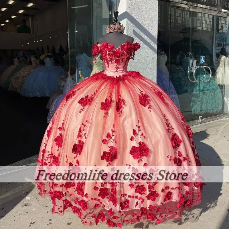 

Charro Red Quinceanera Dresses Floral Applique Vestidos De 15 Quinceañera Sweet 16 Mexican Girls Prom Gowns Customized