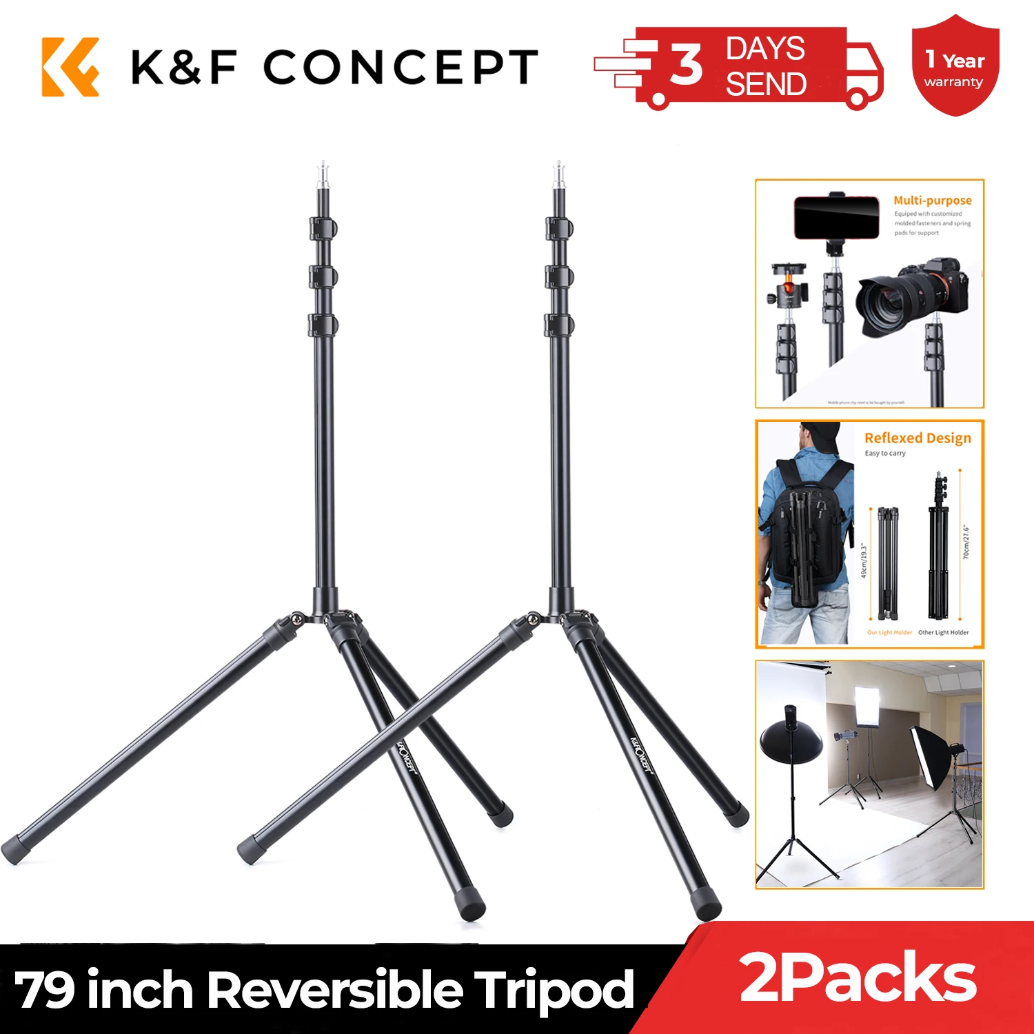 K&F Concept 2Packs 79 inch Aluminium Reversible folding Tripod Light Stands for Portrait Product Photography Softboxes Umbrellas