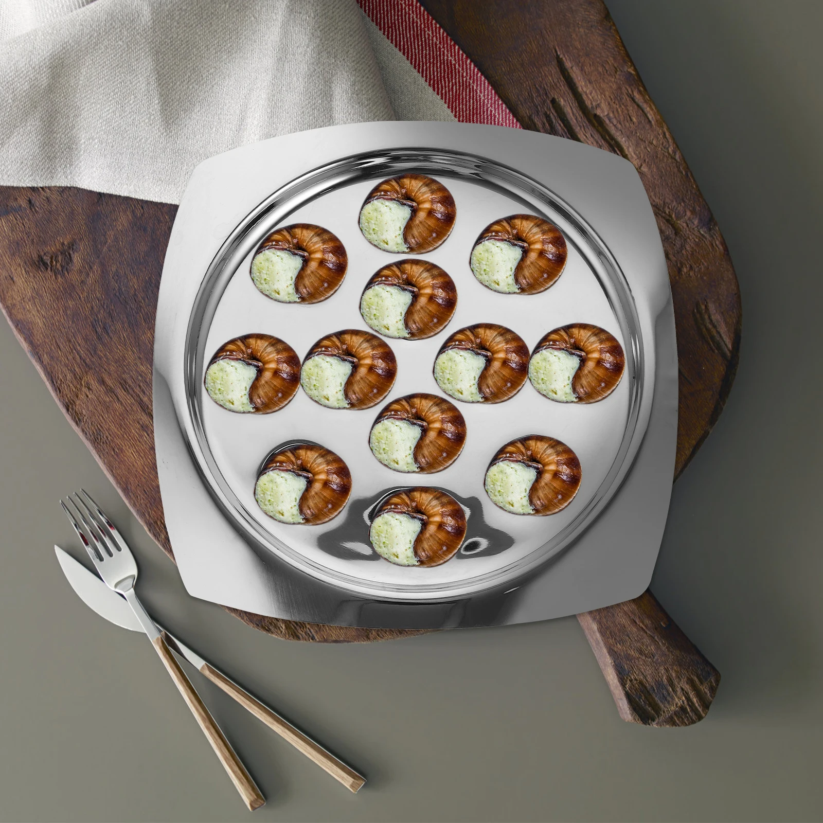 

Stainless Steel Plate Baking Tray Snail Plate Escargot Dish Oyster Grill Pastry Kitchen Gadgets Platter
