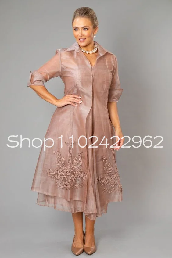 

Индивидуальное шелковое платье из органзы длиной до колена для матери невесты и жениха с шелковым пальто и аппликацией для гостей на свадьбу, наряд из двух предметов