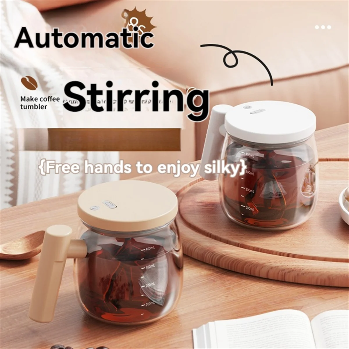 Taza de café con agitación automática, taza de café de viaje con agitación automática de vidrio, taza mezcladora con carga USB de 400ML para mezclar café y leche