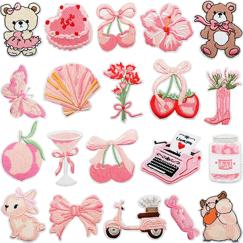 

16pcs/20pcs/22pcs Pink Bow Embroidery Fabric Sticker Velcro Patches Backpack DIY Handmade Clothing Patch Hair Clip Shoes Bags De