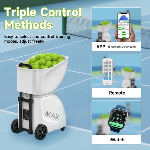 Imagen 2 del producto Máquina de pelotas de tenis PT-MAXC para entrenamiento profesional, capacidad de más de 145 pelotas, aplicación, control remoto y iWatch, trabajo para padel