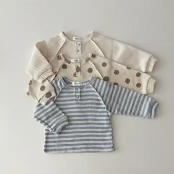 2023ใหม่ฤดูใบไม้ร่วงฝ้ายเด็กเสื้อแขนยาวเด็กวาฟเฟิล Tees Dot Bottoming Balita Perempuan เสื้อเด็กเสื้อผ้า0-5ปี