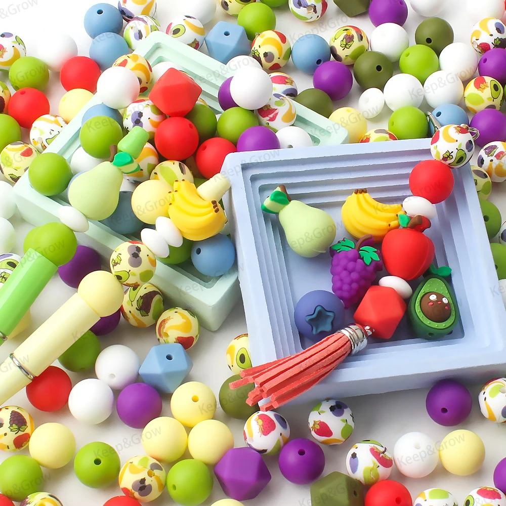 Summer Fruit Theme Silicone Beads Set Banana Avocado Banana Apple Focal Beads for Jewelry Making DIY KeyChain Clips Chain Decor