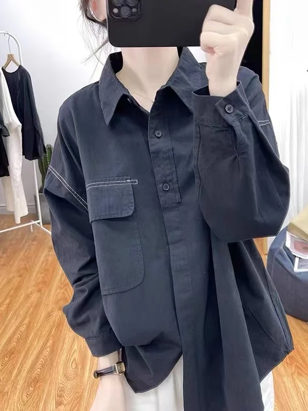 

Long Sve Women's irt Korean Sle Collar Big ket Spring Faion Original Design Striped Fabric Mid-Length Vest