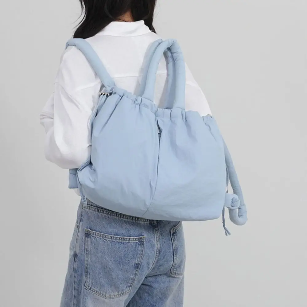 

Solid Color Drawstring Tote Bag Knotted Strap Quilted Nylon Padded Tote Bag Large Capacity Lightweight Puffer Backpack Work