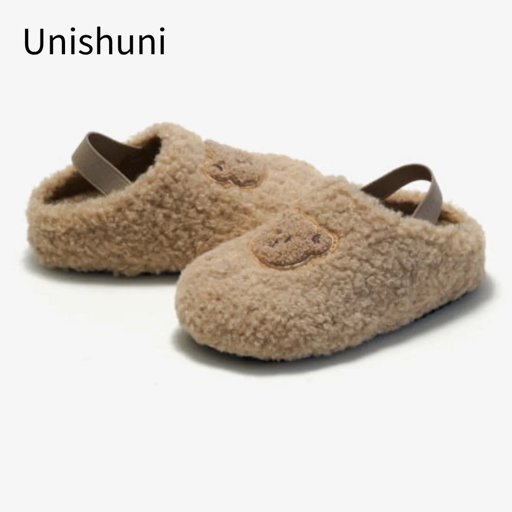 Unishuni Children Leopard Cork Sandal Kid Autumn Winter Mules for Girls Boys Toddler Plush Indoor Home Slipper with Elastic Band