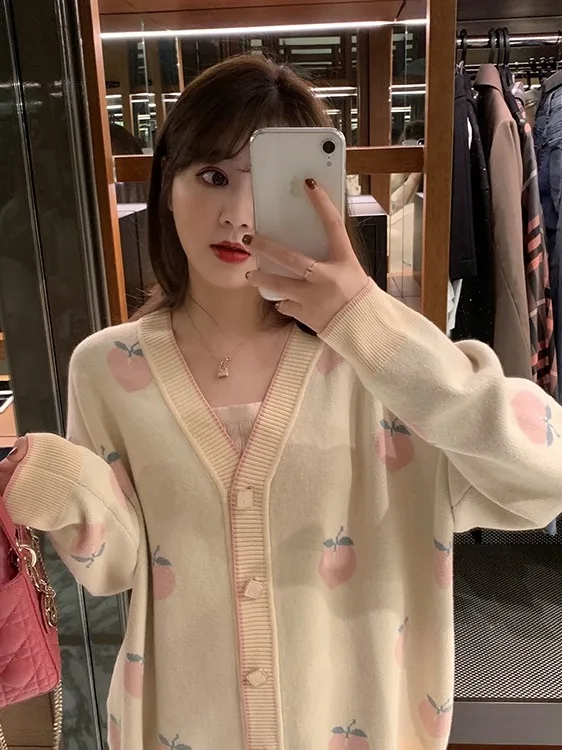 달콤한 슬레 딸기 무늬 니트 스웨터 코트 여성용 루즈핏 가을 겨울 브이넥 롱 소프트 폴리에스터