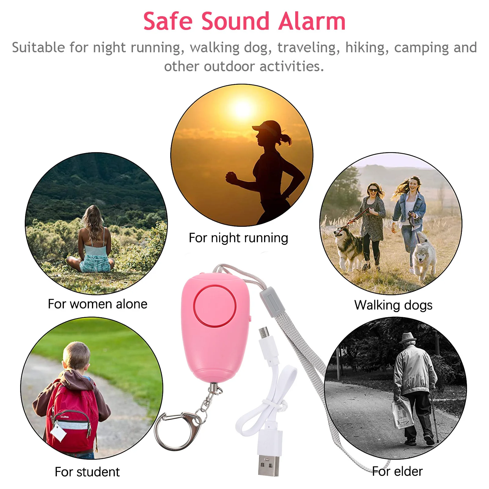 Security Alarm 130Db Personal Emergency Alarm LED Light for Night Safety Running Walking Dog Travel Hiking Camping