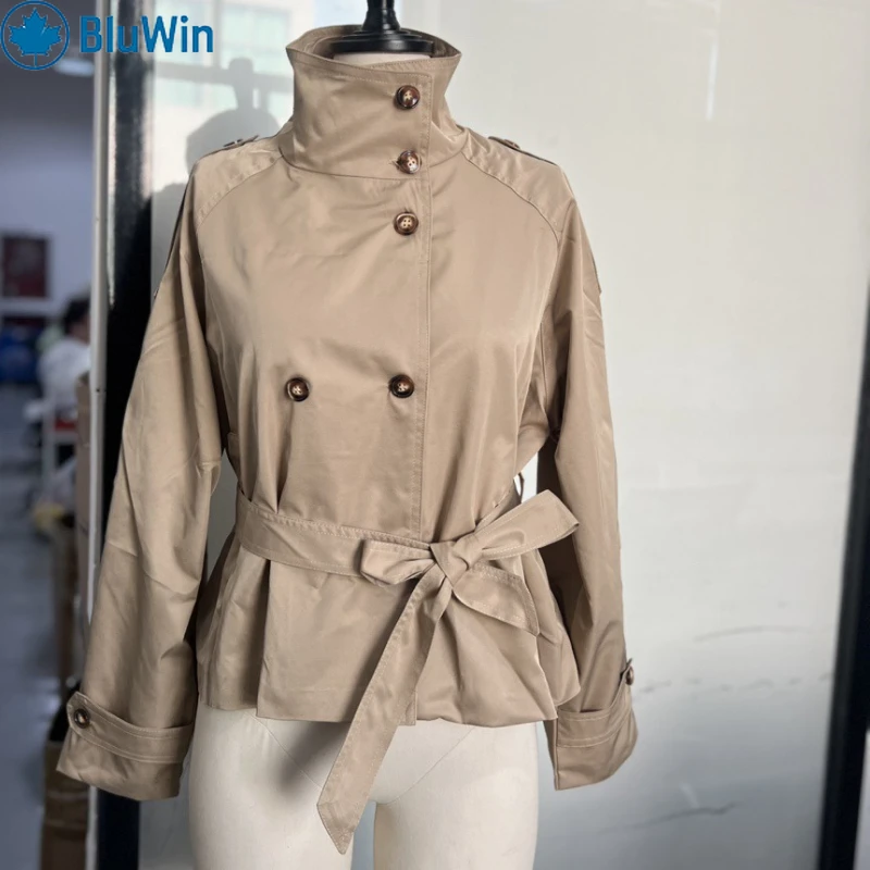 BluWin 3Colors Korean Fashion Cropped Trench Coat Women 2025 Autumn Double Breasted Belted Designer Short Jacket Windbreaker