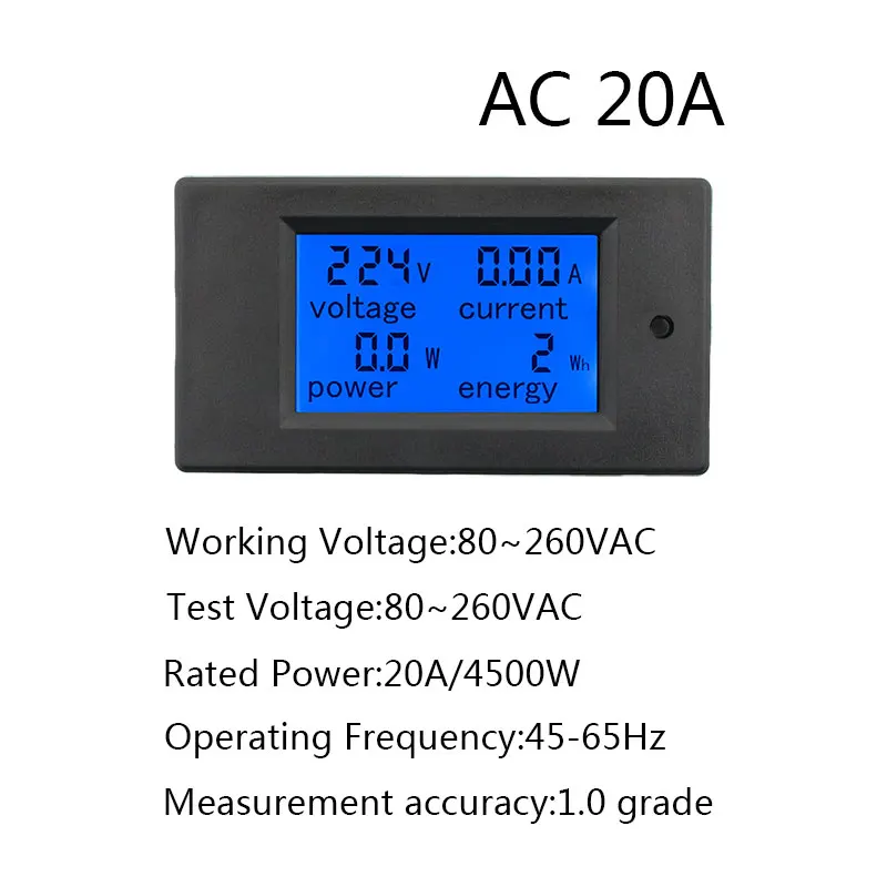 Imagem -03 - Voltímetro Digital e Amperímetro Power Energy Tester Medidor de Tensão Atual Wattmeter Supply Faça Você Mesmo ac 80260v 0100a 0-20a 110v 220v