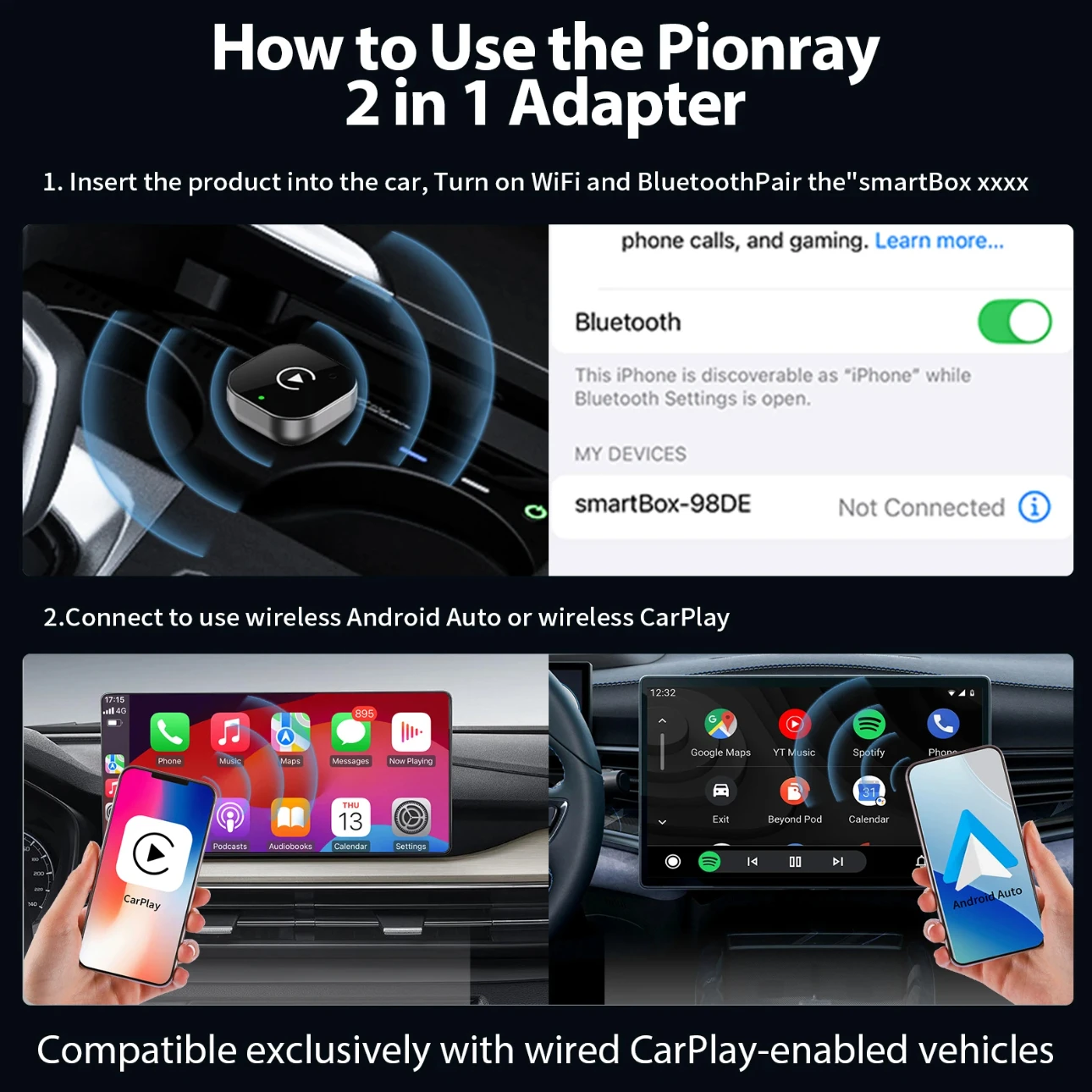 محول CarPlay اللاسلكي الجديد Pionray 2 في 1 ومحول Android Auto اللاسلكي، 5Ghz WiFi Type-C/USB Plug Play CarPlay اللاسلكي