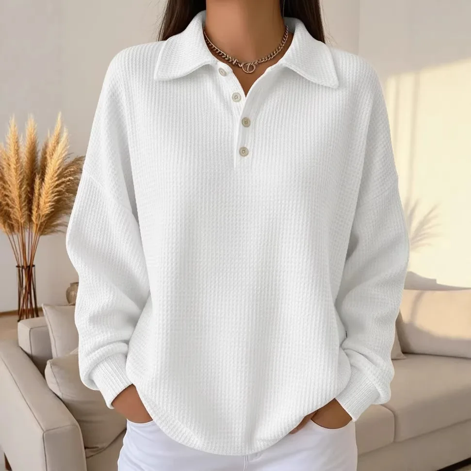 Women's Solid Color Ribbed Knit Polo Sweater Long Sleeve Button Down Collared Pullover Loose Fit Casual Autumn Winter Top