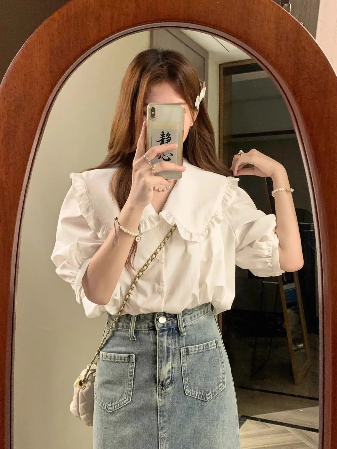 

Корейский Sle ort Sve White irt, женский летний легкий кукольный воротник с кружевной отделкой, антивозрастной топ Fem Commute Faion