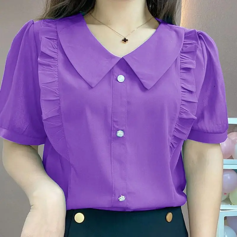 Sweet Peter Pan Collar Loose Folds Ruffles Blouse Women\'s Clothing 2023 Summer New Casual Pullovers Office Lady Chiffon Shirt