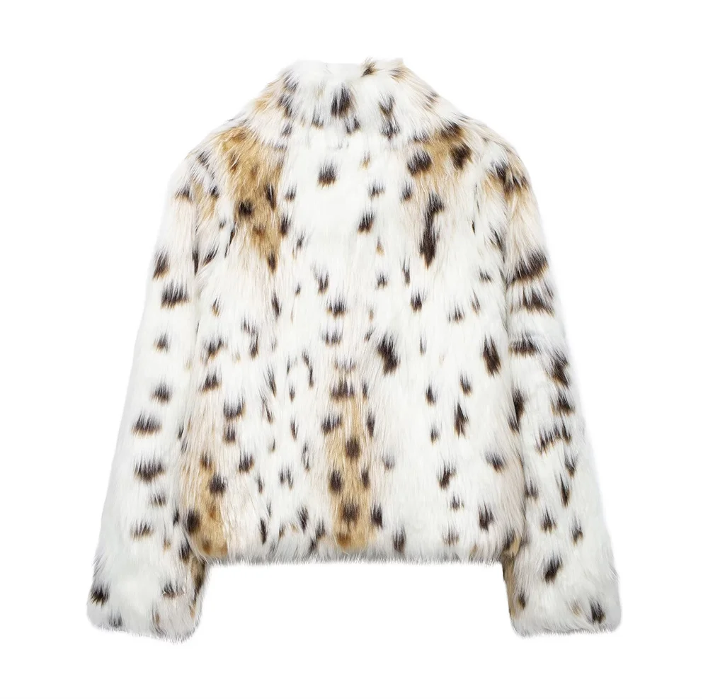 Fashion Leopard Print Faux Fur Coat for Women Stand Collar Long Sleeve Plush Jacket 2024 Autumn Winter uxury Outerwears