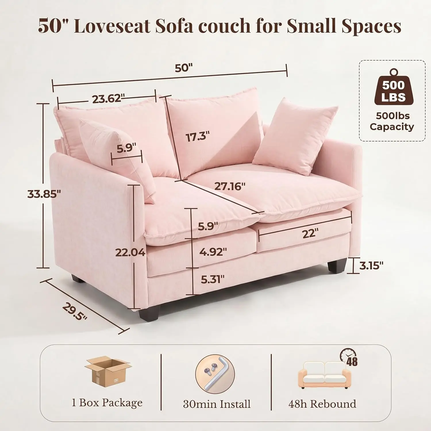 Loveseat Sofa 3 Layer Cushion Small Space Living Room Bedroom, Customized