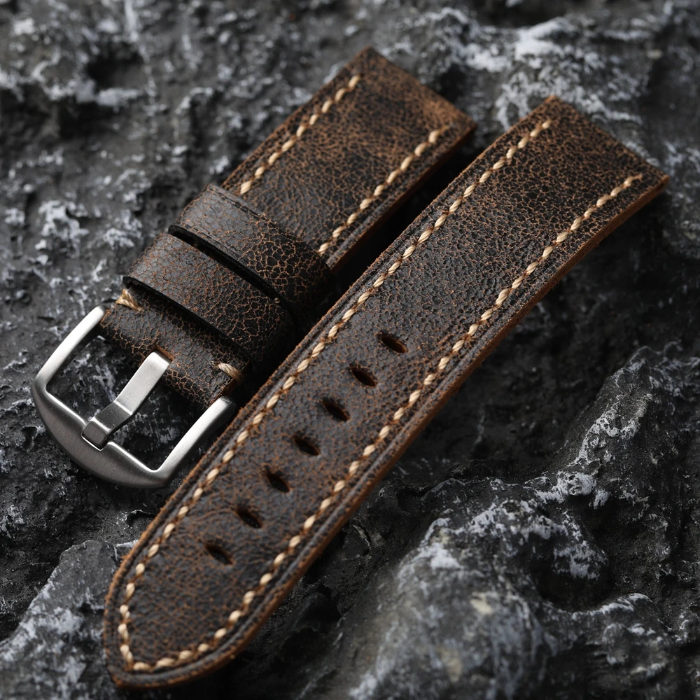 Handmade Head Layer Cowhide Leather Watchband 22 24MM Men Vintage Watch Bracelet Thickened Magic Texture Genuine Leather